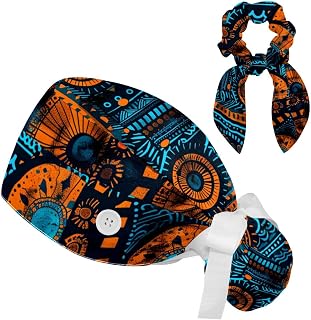 Scrub Caps Women with Button,Adjustable Surgical Caps with Ponytail Pouch,Working Cap with Bow Hair Scrunchy