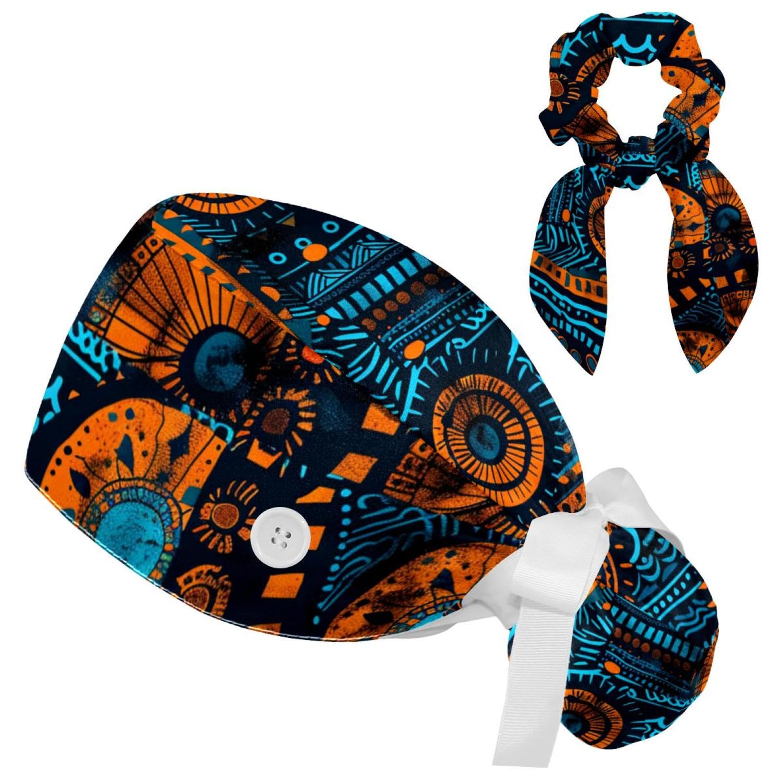 CWAGFEQZ Nurse Scrub Caps,Scrub Hats with Buttons and Cotton Sweatband,Flower Africa Boho Working Cap with Bow