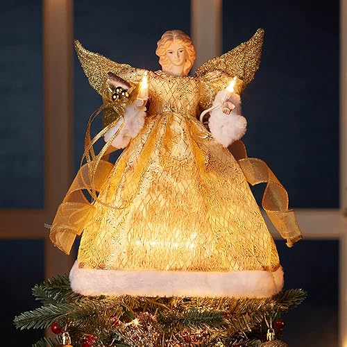 Miniatura 2 de Ángel Kurt Adler con 10 luces y vestido dorado para árbol de Navidad de 12 pulgadas