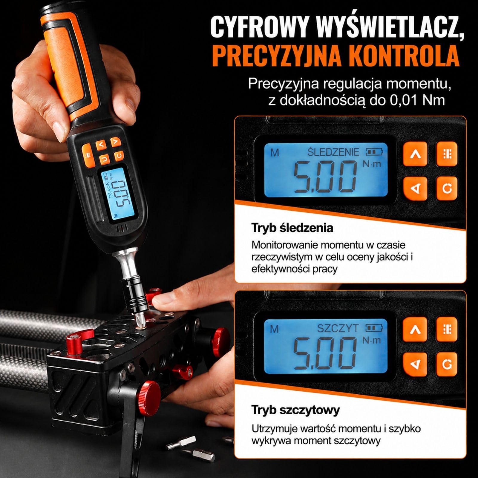 Zestaw cyfrowego wkrętaka dynamometrycznego, napęd 1/4 cala, zakres 0,3-8 Nm, ekran LCD, pręt przedłużający, szybkie zwalnianie i bity do montażu