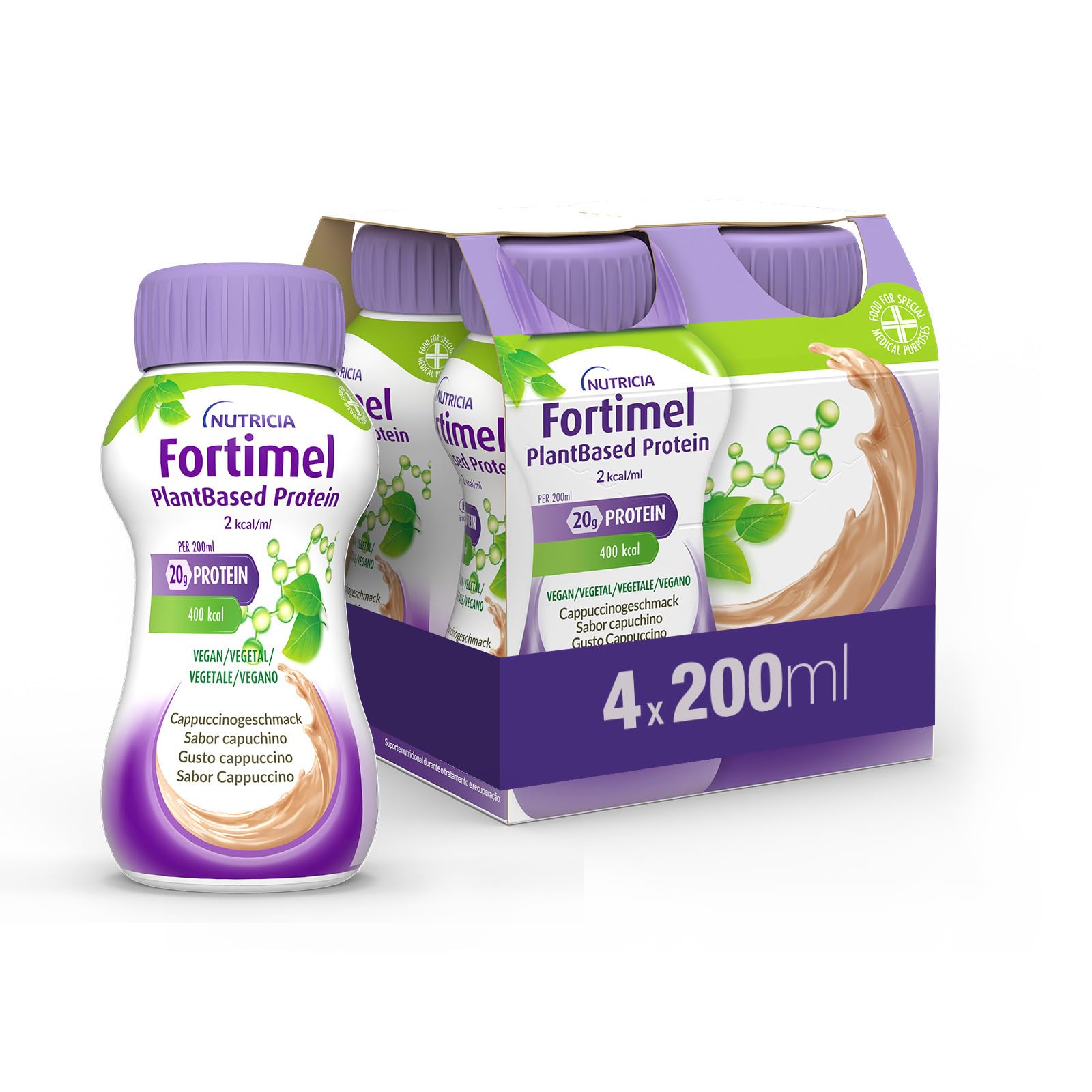 Nutricia Fortimel PlantBased Protein, Alimento a Fini Medici Speciali Indicato per la Gestione Dietetica della Malnutrizione, Vegano, Senza Lattosio, Gusto Cappuccino - 4 Confezioni da 200ml