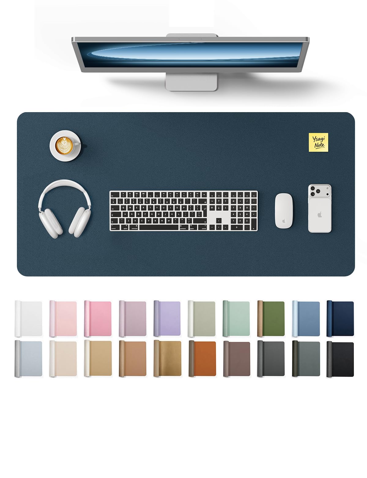 YSAGi PU Leather Desk Protector Mat with Large Mouse Pad, Dark Blue, 35.4" x 17" | Protects Desk Surface - main product image