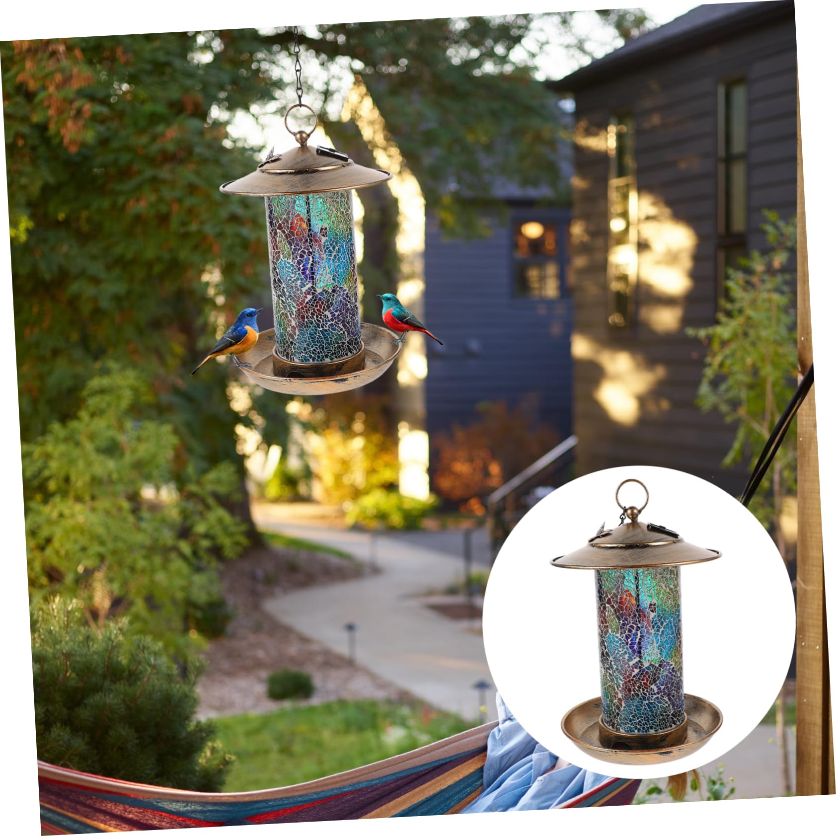 Happyyami Solarbetriebener Vogelfutterspender Im Mosaik-Stil Robuste Aluminiumlegierung Gartendekoration Heimtierbedarf