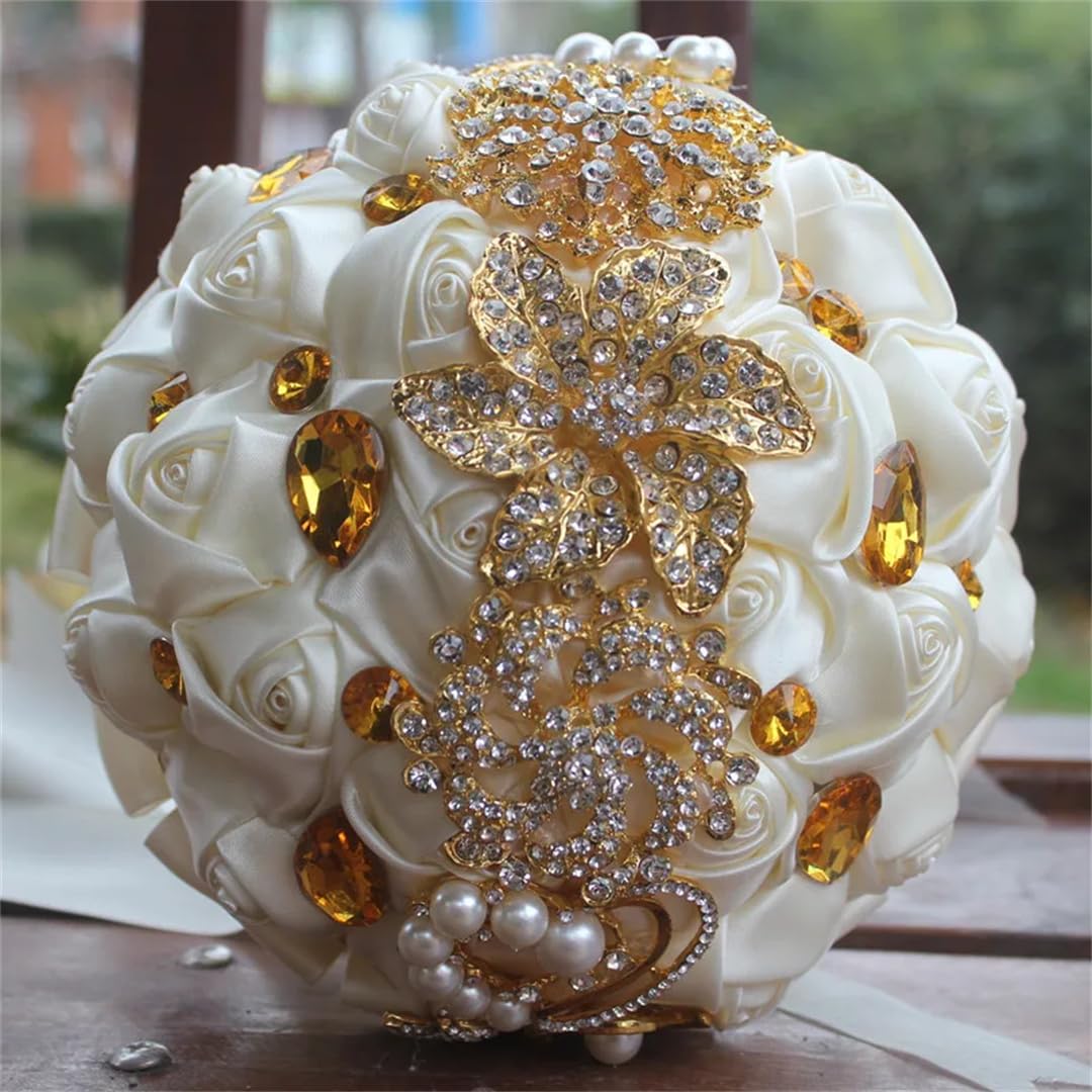 HJRegaFimu Gold Brooch Bridal Hand Holding Flower Bouquets White Crystal Solid Silk Bridesmaid Wedding Bouquet Diameter 15cm