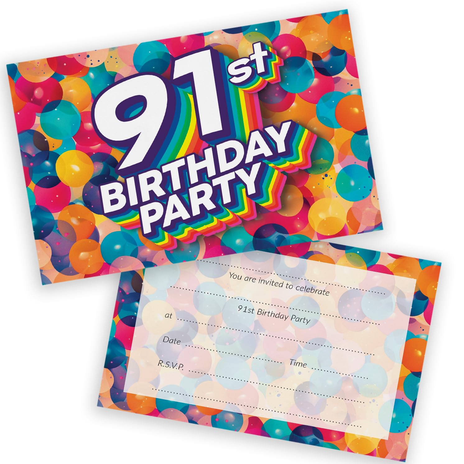91st Birthday Party Invitations Men Women - Rainbow Balloons 20 Pack - Adults Birthday Invitations for Friends Family A6 Bday Party Invites Invitation Cards with Folding Envelopes — image 1