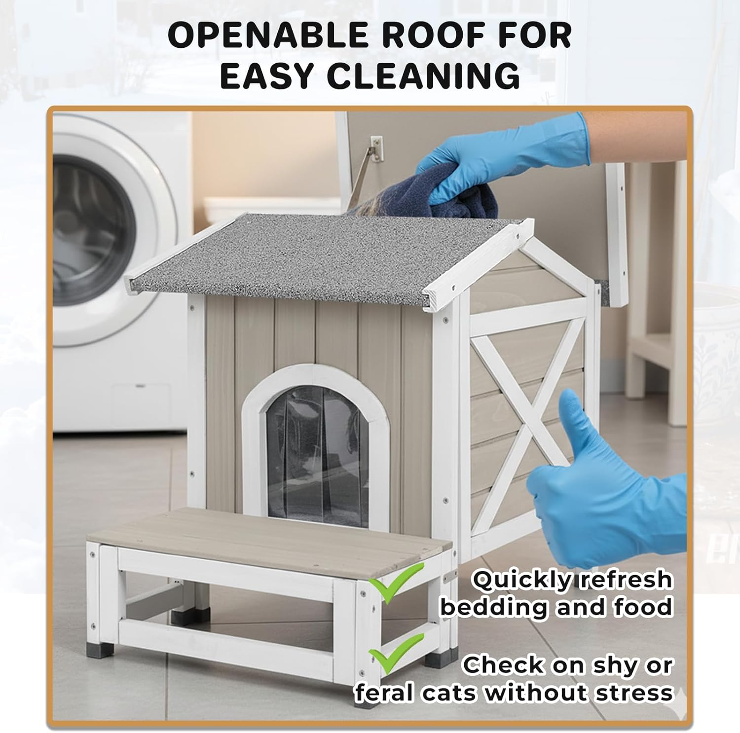 Outdoor Insulated Cat House for Winter, Weatherproof Wooden Feral Cat Shelter for Outdoor & Feral Cats with Escape Door, Raised Base, Balcony Porch,Openable Asphalt Roof, PVC Door Flaps