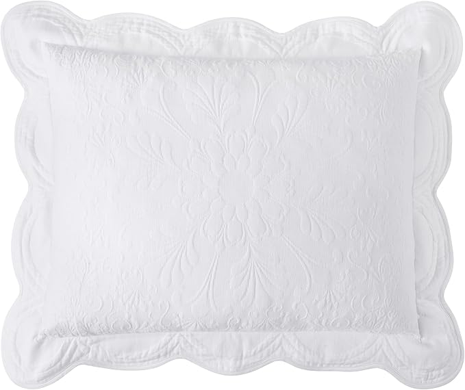 Charleston Estate Modern Farmhouse Floral Matelasse Decorative Pillowcase with Scalloped Edges, 100% Cotton Breathable Bedding, Standard Sham (20" x 26"), White Floral