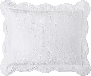 Charleston Estate Modern Farmhouse Floral Matelasse Decorative Pillowcase with Scalloped Edges, 100% Cotton Breathable Bedding, Standard Sham (20" x 26"), White Floral