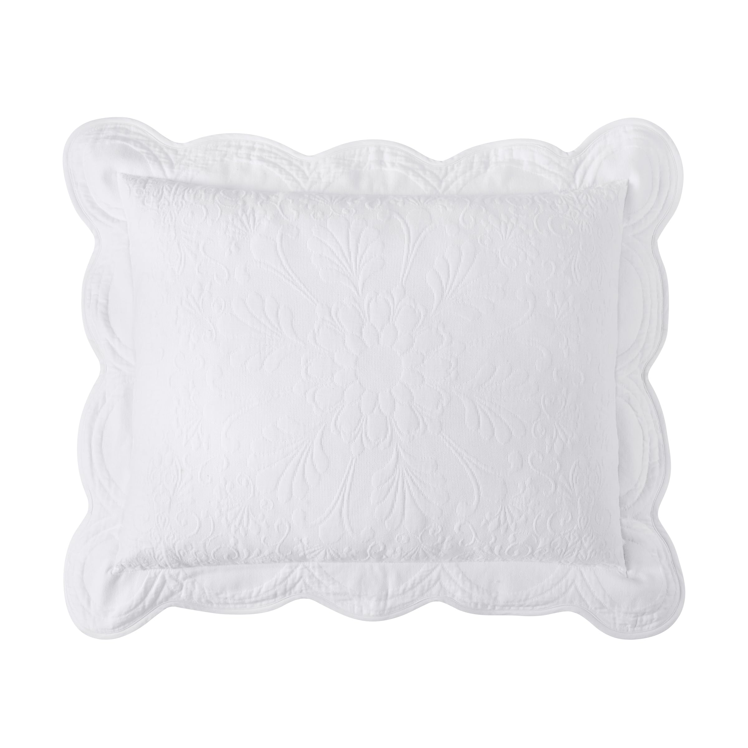 Historic Charleston Charleston Estate Modern Farmhouse Floral Matelasse Decorative Pillowcase with Scalloped Edges, 100% Cotton Breathable Bedding, Standard Sham (20" x 26"), White Floral
