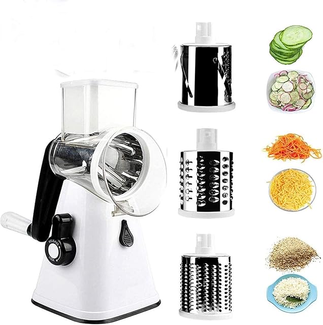 D L D Multifunctional Vegetable and Fruit Cutting Machine, Rotating Drum Cheese Grater with 3 Stainless Steel Revolving Blades, Manual and Safe Milling, Slicer (Gray)