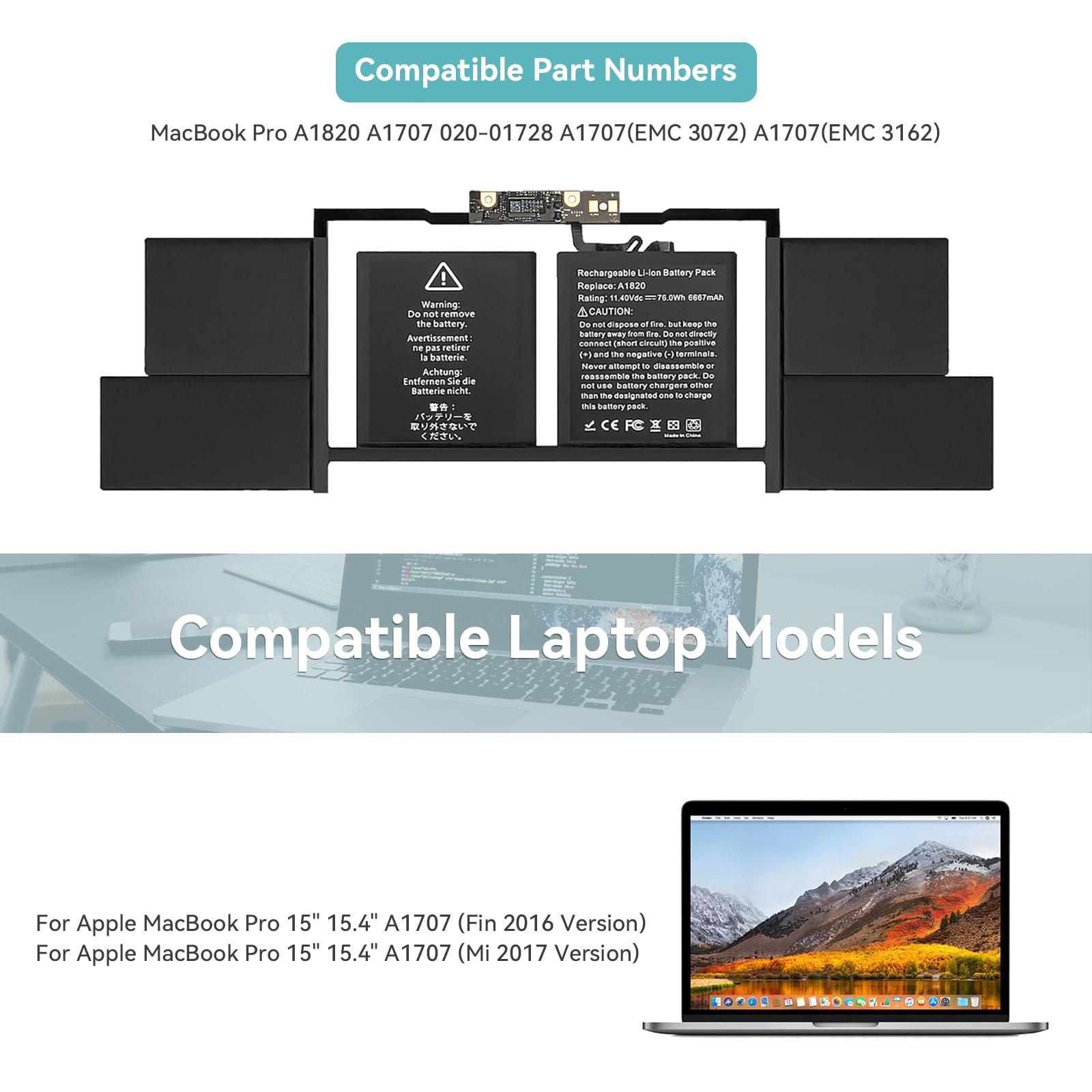 K KYUER 76Wh A1820 Batteria per MacBook PRO 15" A1707 Touch Late 2016 Mid 2017 EMC 3162 3072 MLH32LL/A MLH42LL/A MLW72LL/A MLW82LL/A MPTR2LL/A MPTT2LL/A MPTW2LL/A MPTR2D/A MPTR2FN/A Laptop Battery