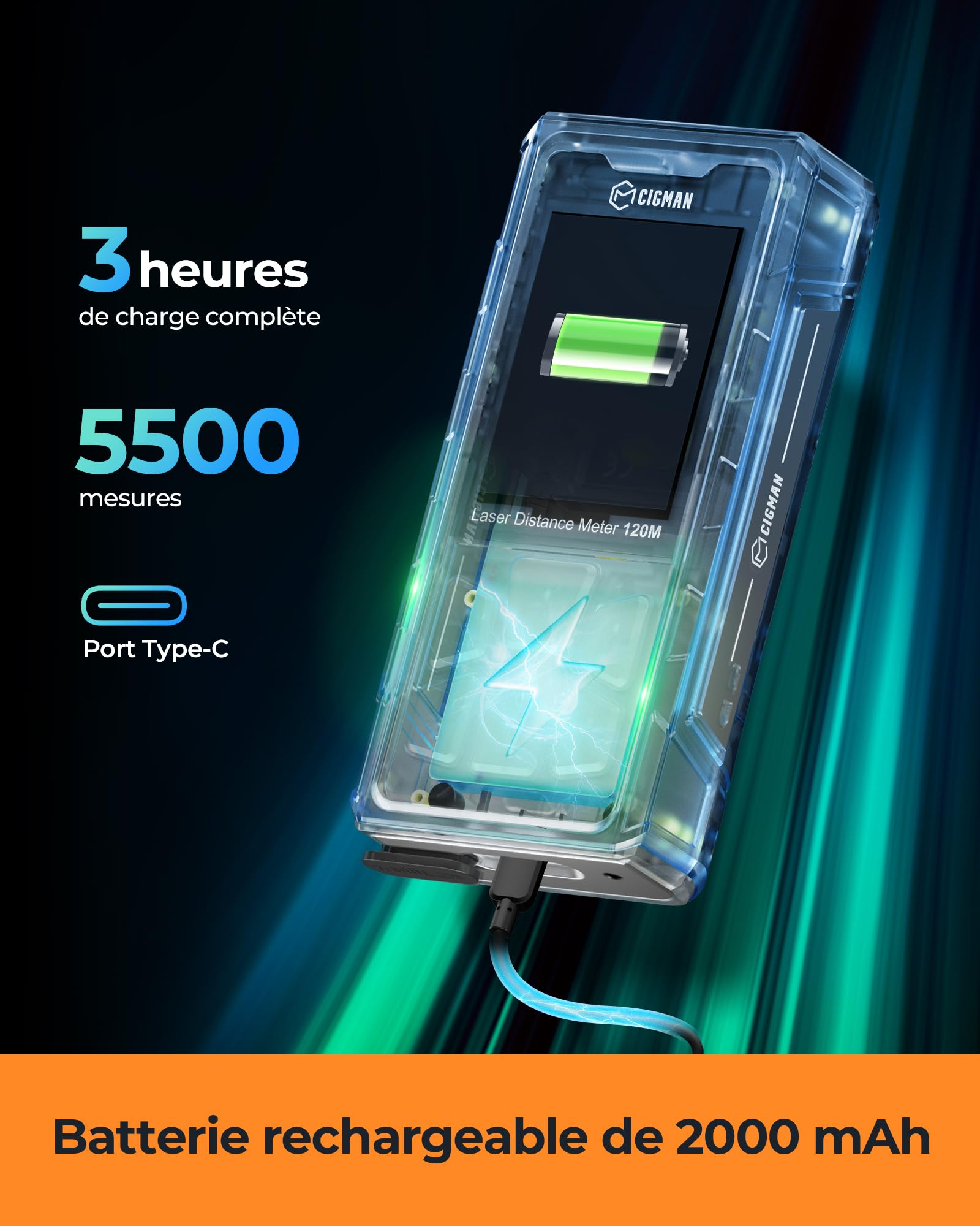 Télémètre Laser bilatéral CIGMAN, jusqu'à 120 m (jusqu'à 60 m dans Chaque Direction), Batterie Rechargeable, câble de Chargement Type-C, avec Sac de Rangement