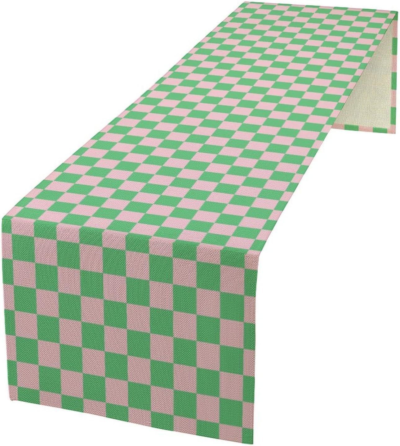 Retro Checkered Table Runner, Cute Pink Green Checkerboard Vintage Hippie Modern Aesthetic Table Runner for Party Kitchen Dining Home Outdoor Banquet 13x120in