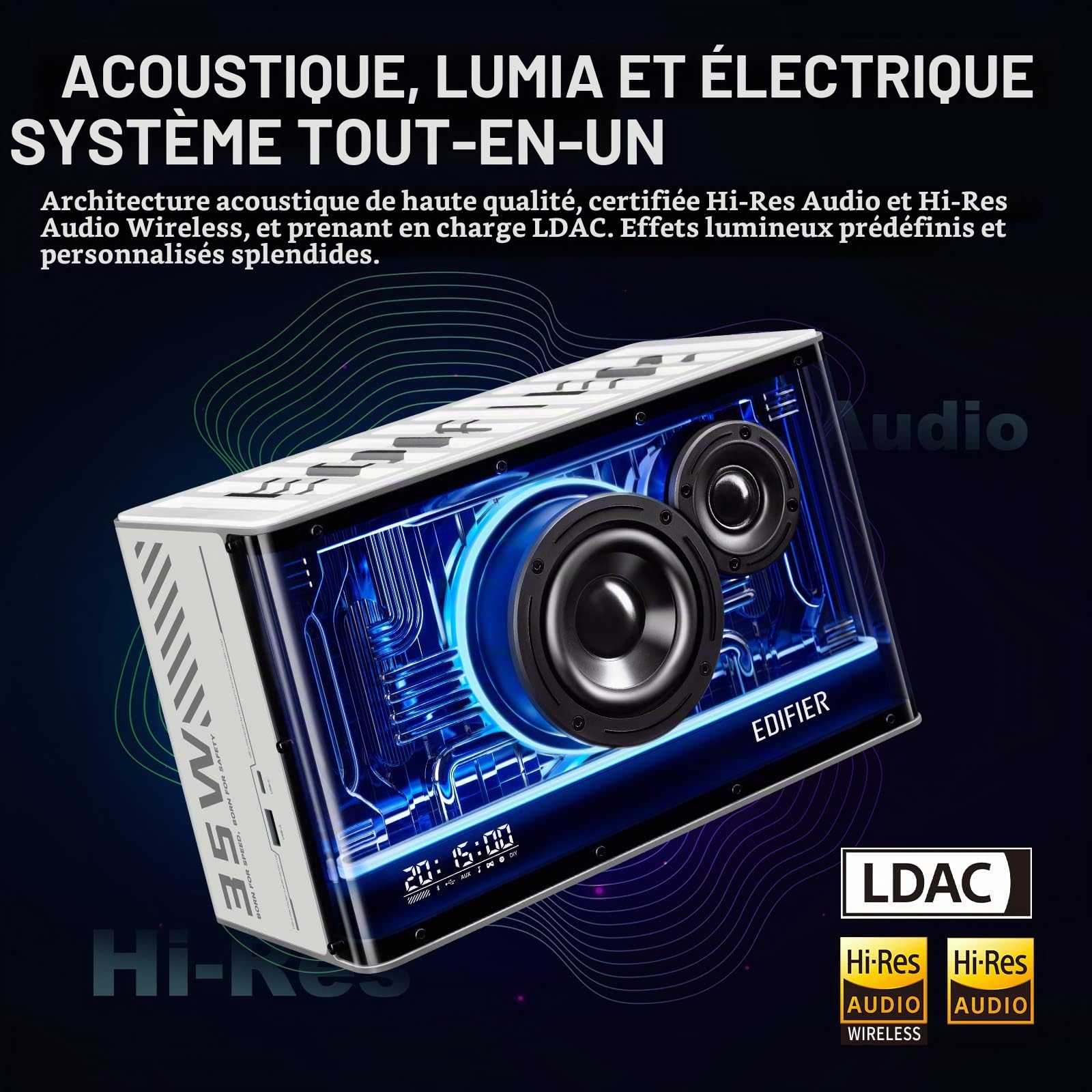Edifier QD35 Système de Haut-parleurs Bluetooth Compact avec Effets Lumineux RGB, Bluetooth V5.3 et Deux Ports de Chargement Ultra-Rapides. Certifié Hi-Res Audio (Blanc)