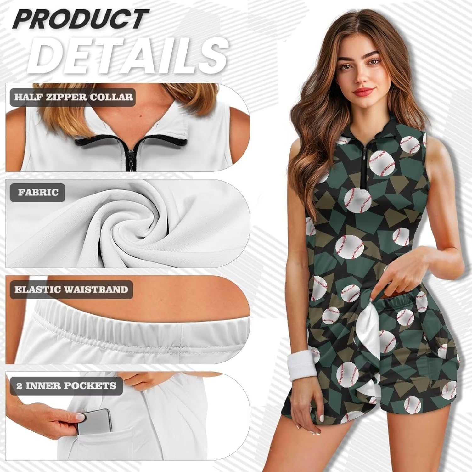 Tennis Dresses for Women with Pockets Sleeveless Womens Golf Dress Zip Stand Collar Athletic Dress Summer Outfits