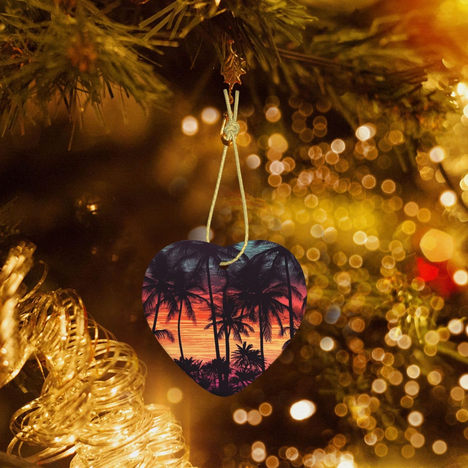 Christmas Heart Shaped Ornaments 1 Pcs, Double-Side Ceramic Xmas Tree Hanging Ornament with Gold String Palm Trees at Sunset Personalized Porcelain 2025 Christmas Pendent