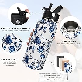 Water Bottle Insulated 32oz 40oz 64oz 128oz Straw Lid Spout Lid & 3 Lids, Leak Proof, Vacuum Insulated,Stainless Steel Water Bottle Wide Mouth for Sports, Gym or Office (Ceramics, 40 oz)