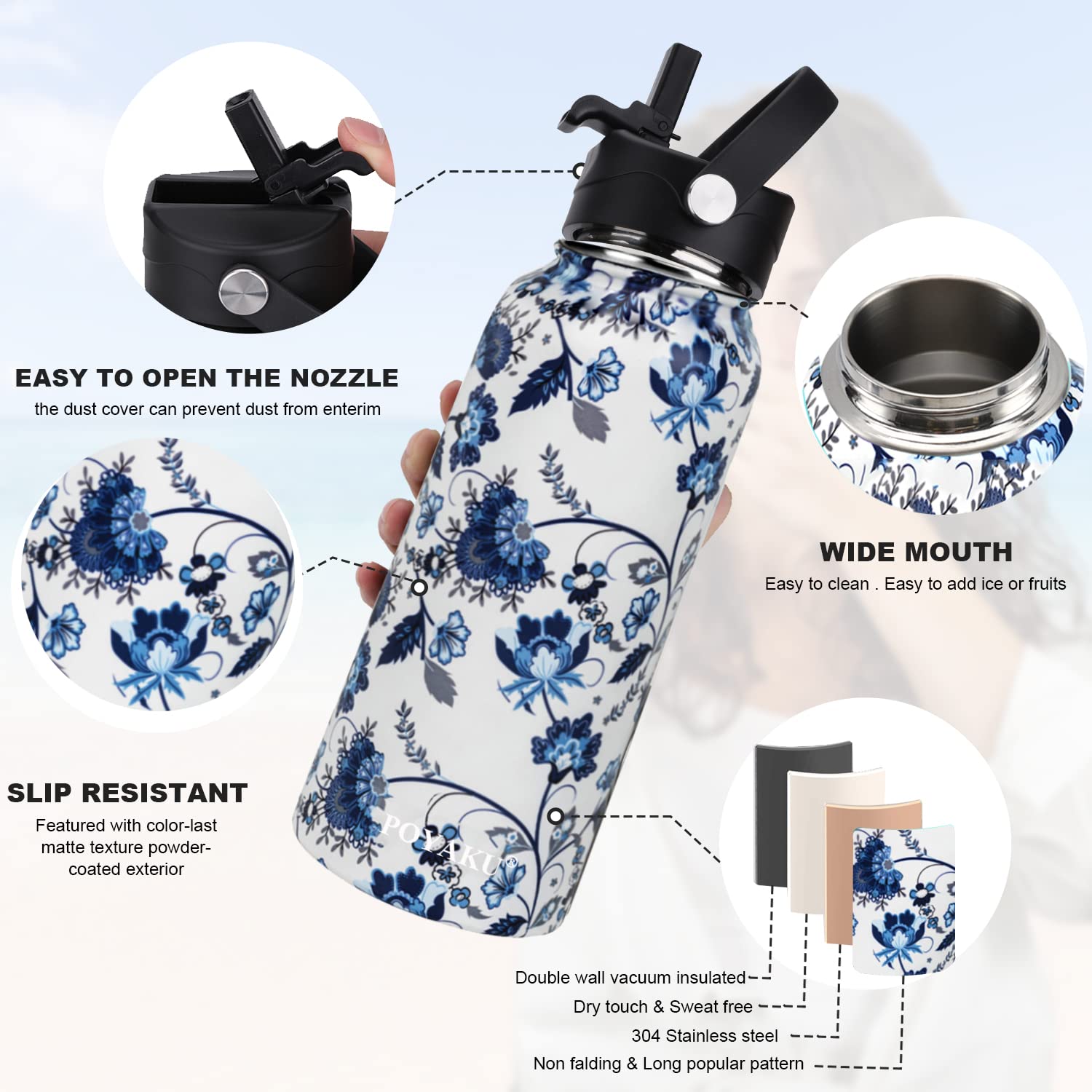 Butelka na wodę – 950 ml, 1200 ml, 1800 ml, 3,7 l – pokrywka z dzióbkiem na słomkę i 3 pokrywki, szczelna, izolowana – butelka na wodę ze stali nierdzewnej z szerokim otworem do uprawiania sportu