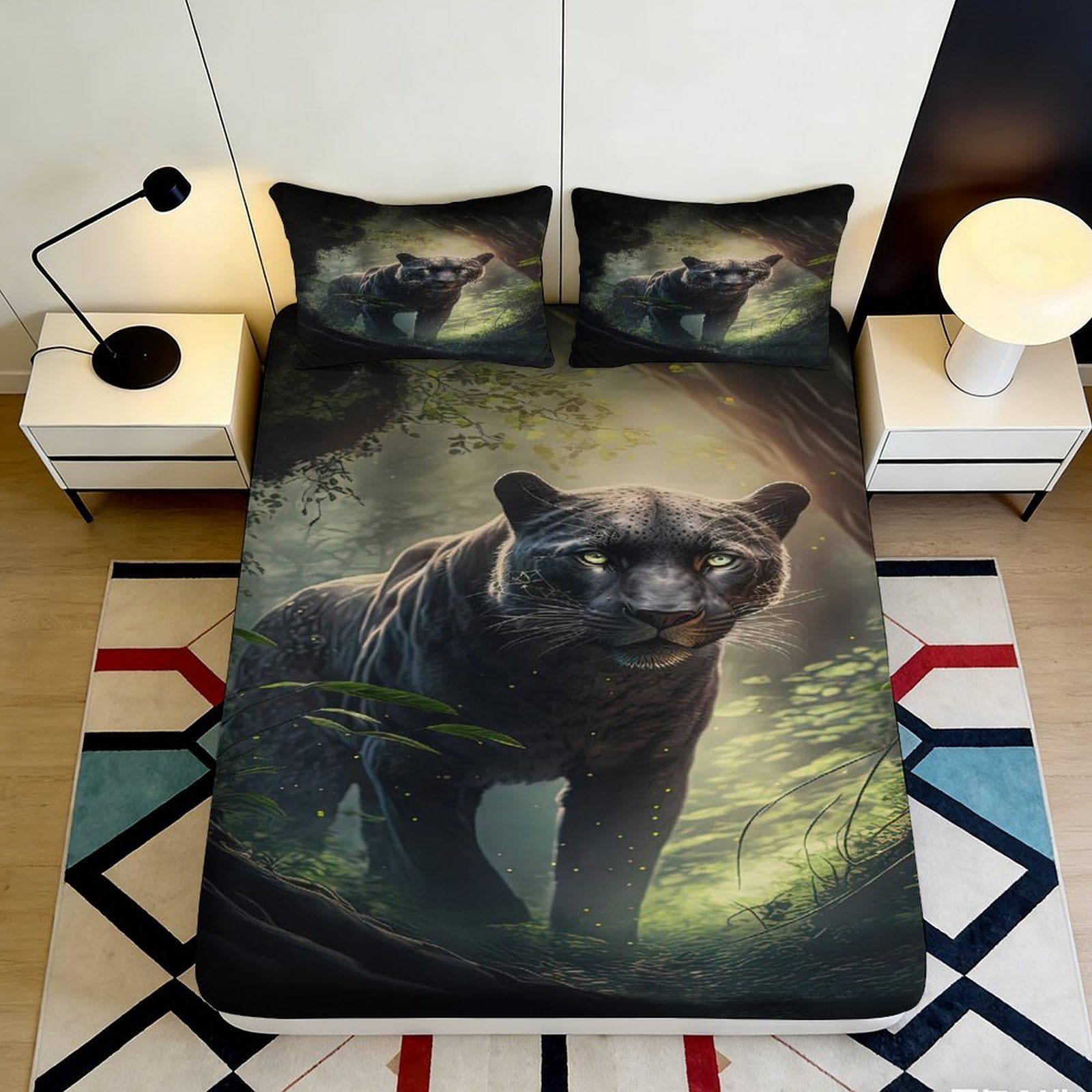 3D Printed Black Panther Forest Fitted Sheet Microfiber Soft Anti-Slip Jungle Mattress Cover for Bedroom Home Decor 90x200x25cm