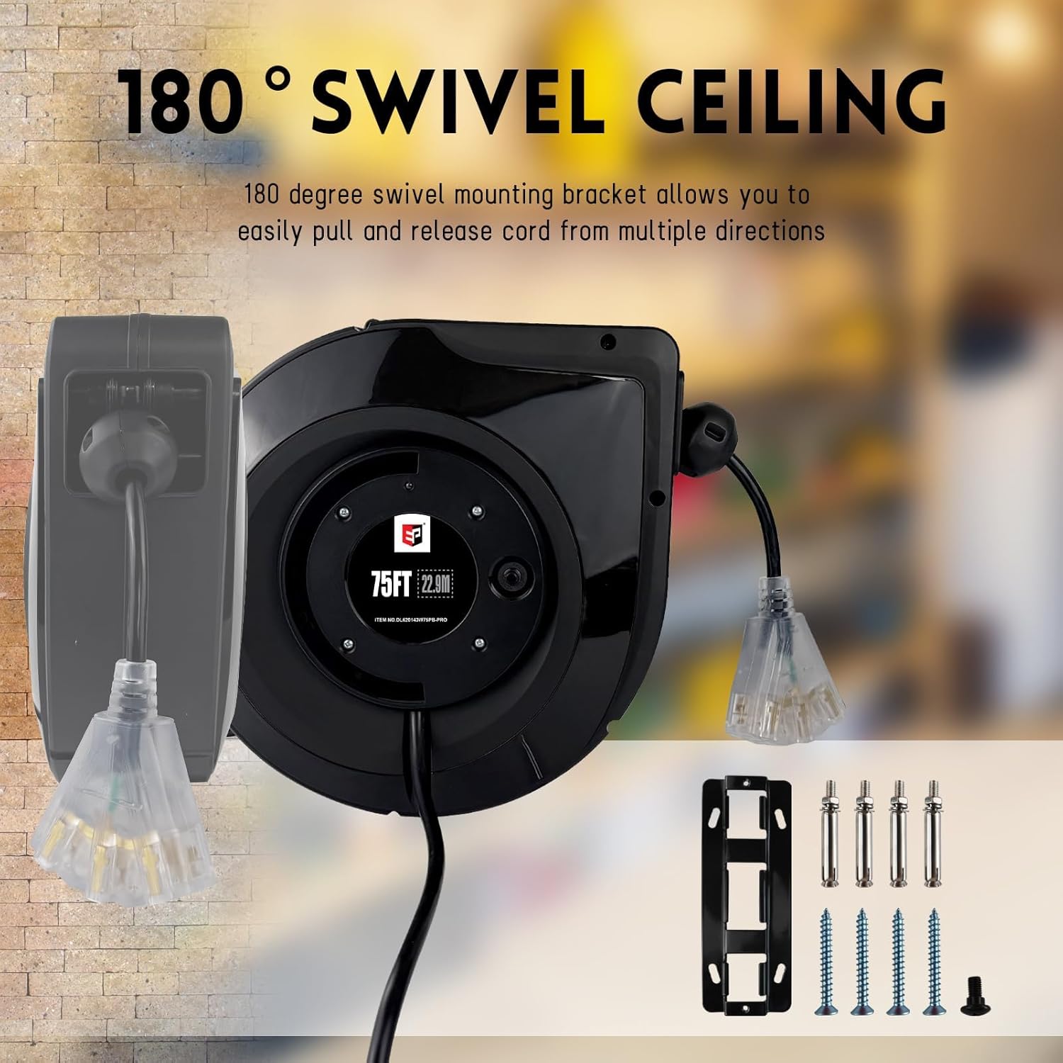 EP Retractable Extension Cord Reel,75 Feet 14 AWG/3C SJTOW Heavy Duty Power Cord,10 AMP Circuit Breaker, 3-Lighted Triple Outlets,Ceiling or Wall Mount Use Indoor, Black