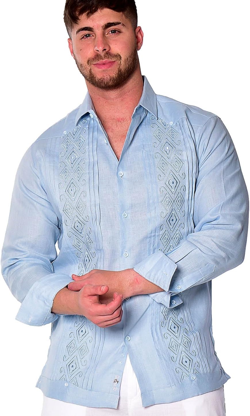 bohio Men's Linen Guayabera Style Shirt with Embroidered Front Panels, Long Sleeve, Available in Multiple Colors-MLFG2034