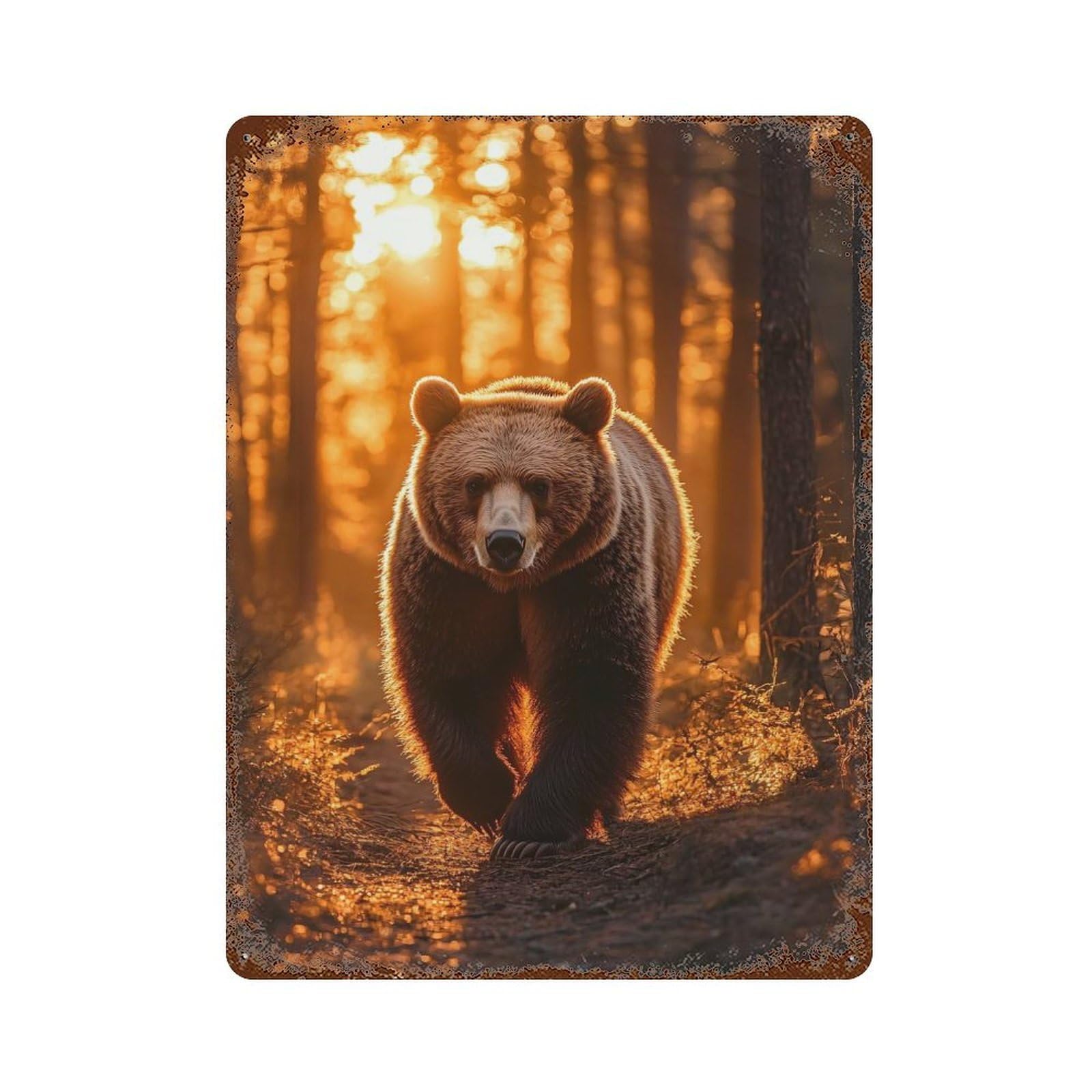 Bear Walking through Sunlit Forest Rust Effect Tin Sign 15.7"x11.8", Industrial Home Decor for Basement, Hobby Room And Garage Decor