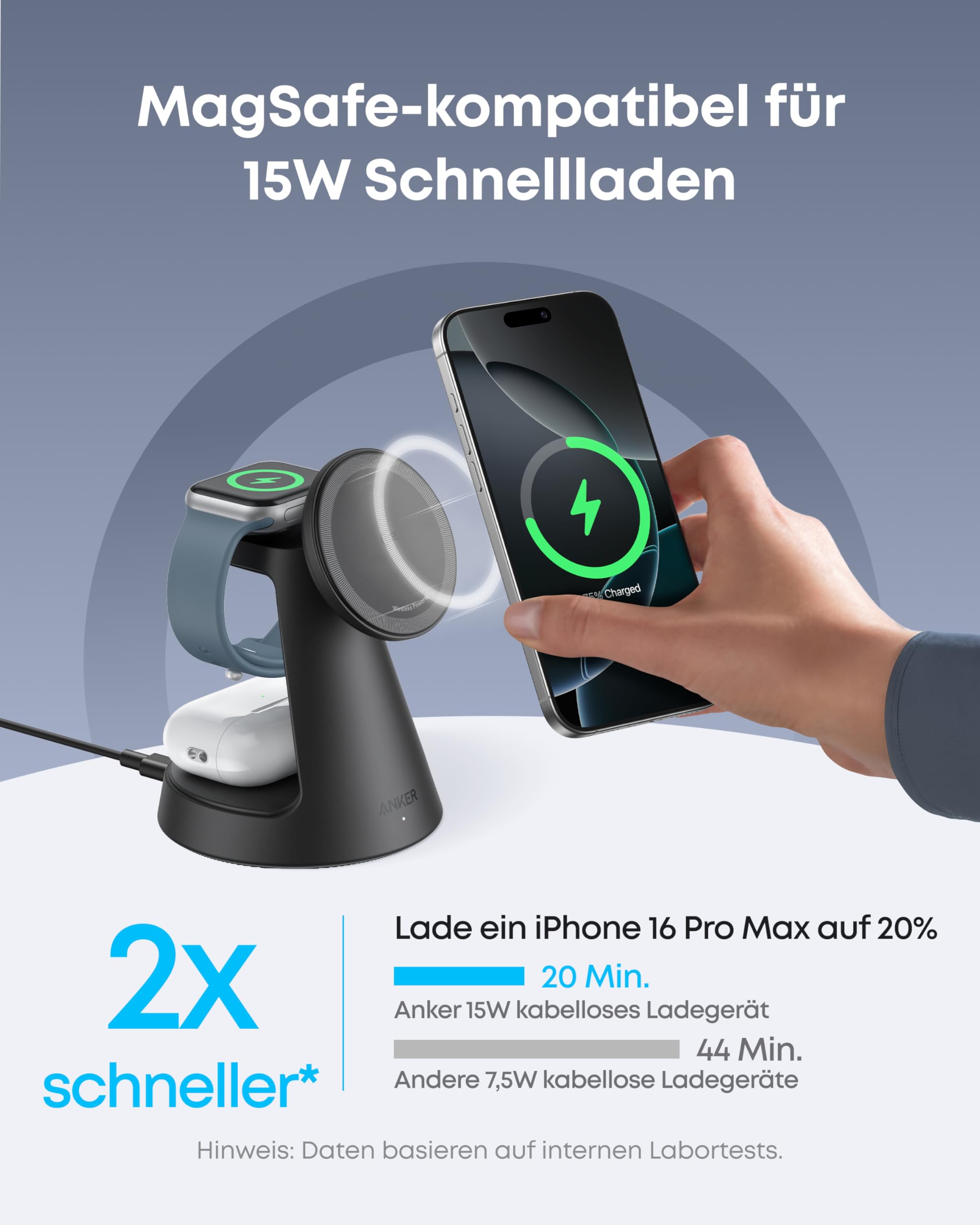 Anker MagGo 3-in-1 15W MagSafe kompatibles Ladegerät, iPhone Induktive Ladestation, Qi2-zertifiziert Wireless Charger für iPhone 17/16/15/14/13/12, Apple Watch, AirPods Pro und mehr (Adapter inkl.)