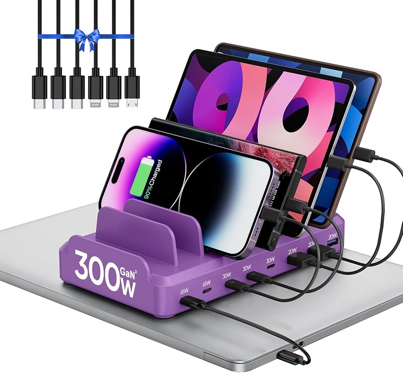 Estación de carga de 300 W para múltiples dispositivos, estación de carga rápida Multi USB C de 8 puertos para MacBook iPhone 16/15/14/13/12 Samsung Pixel Series iPad, morado (6 cables cortos mixtos incluidos)