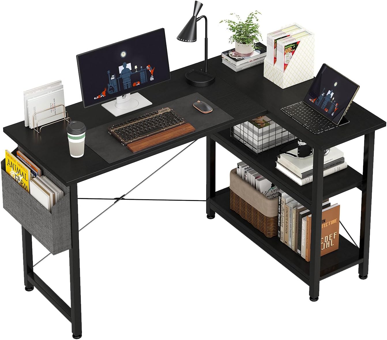CAIYUN 46.5" Computer Desk with Shelves, L Shaped Desk with Storage Bag