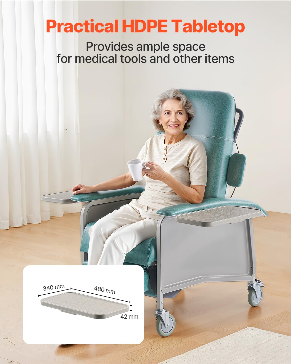 VEVOR Fauteuil Inclinable Gériatrique 4 Positions, Fauteuil Inclinable Médical Trendelenburg avec 4 Roues, Siège Rembourré, 2 Plateaux, pour Hôpitaux, Maisons de Retraite, Soins Gériatriques Domicile