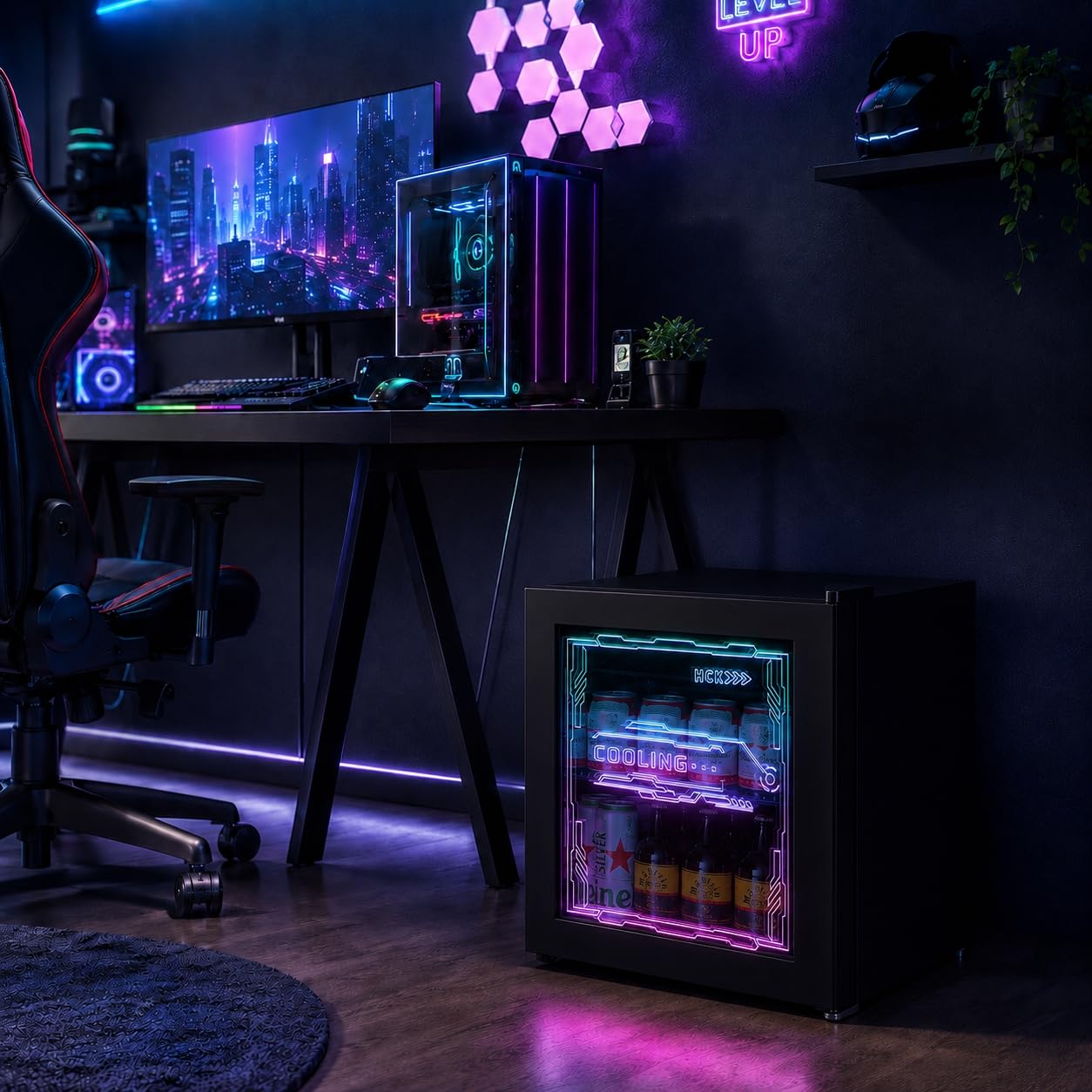 HCK Mini Kühlschrank 48L, Getränkekühlschrank mit Glastür und LED Beleuchtung, Cyberpunk Design, leise 39dB, 0-10℃ Bierkühlschrank für Gaming Room, Party, Bar, Schwarz