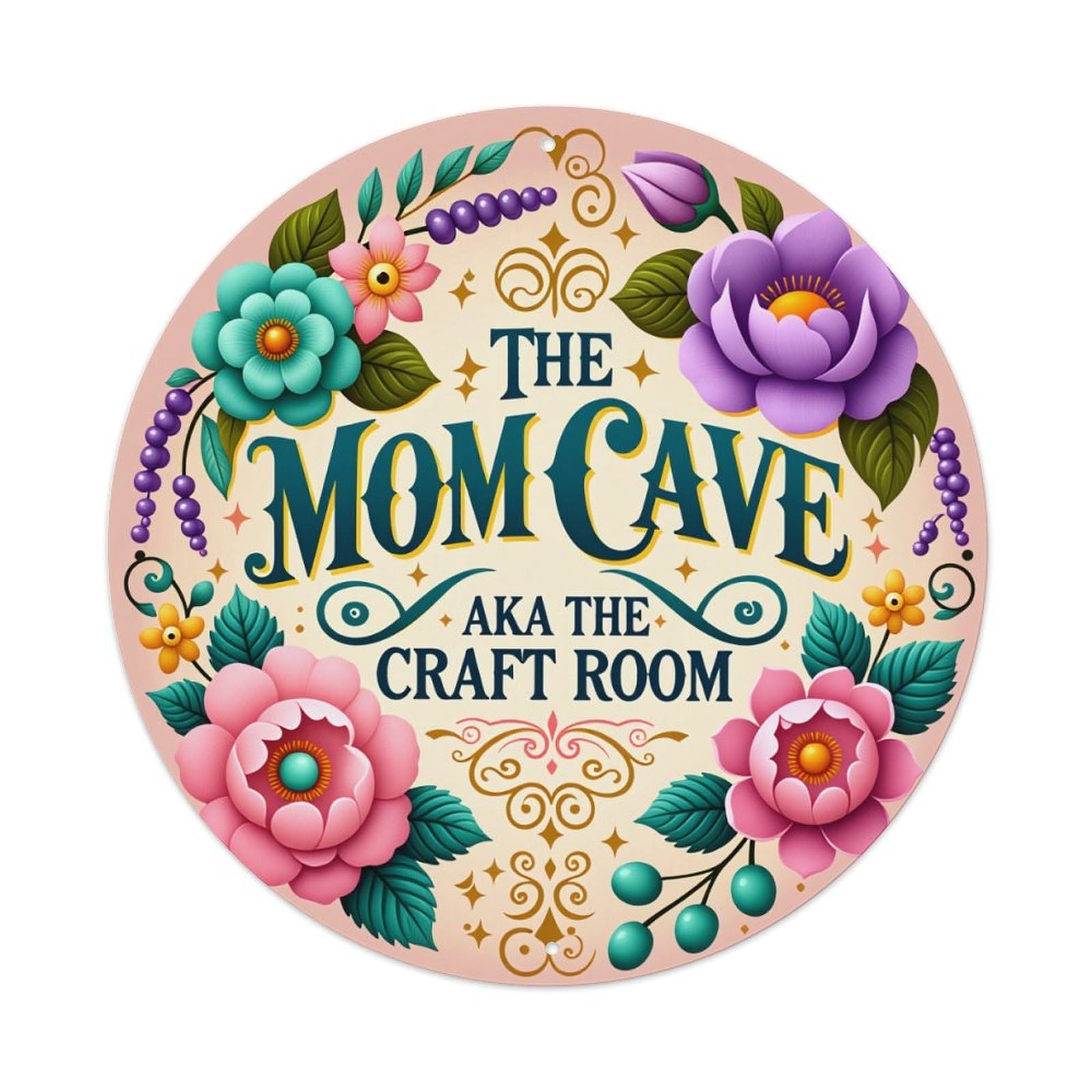 Floral Wreath With Colorful Flowers And Decorative Swirls Round Vintage Tin Sign,Retro Wall Art,Metal Poster for Home, Bar, Garage, Cafe, Rustic Indoor & Outdoor Decor, 8x8 Inches