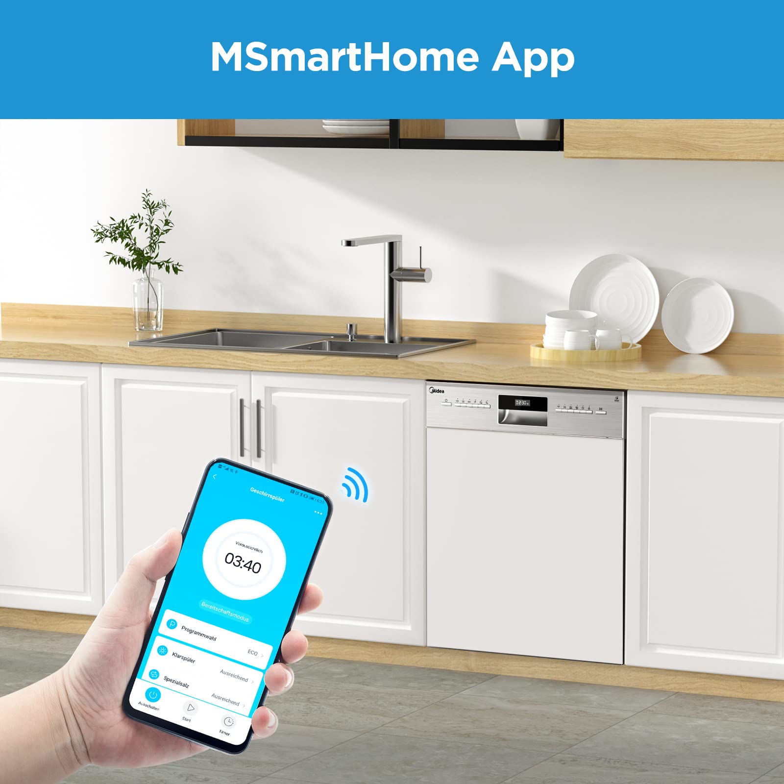 Midea SI 3.60N Geschirrspüler 60 cm Teilintegriert 13 Maßgedecke WiFi Extra Trocknung 7 Programme 49dB Inox