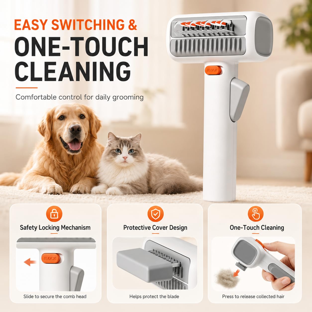 Pettine districante 2 in 1 con lama di sicurezza – Pettine per sottopelo e strumento di districamento per cani e gatti – Districa i nodi ed elimina i peli morti, delicato sulla pelle, manico