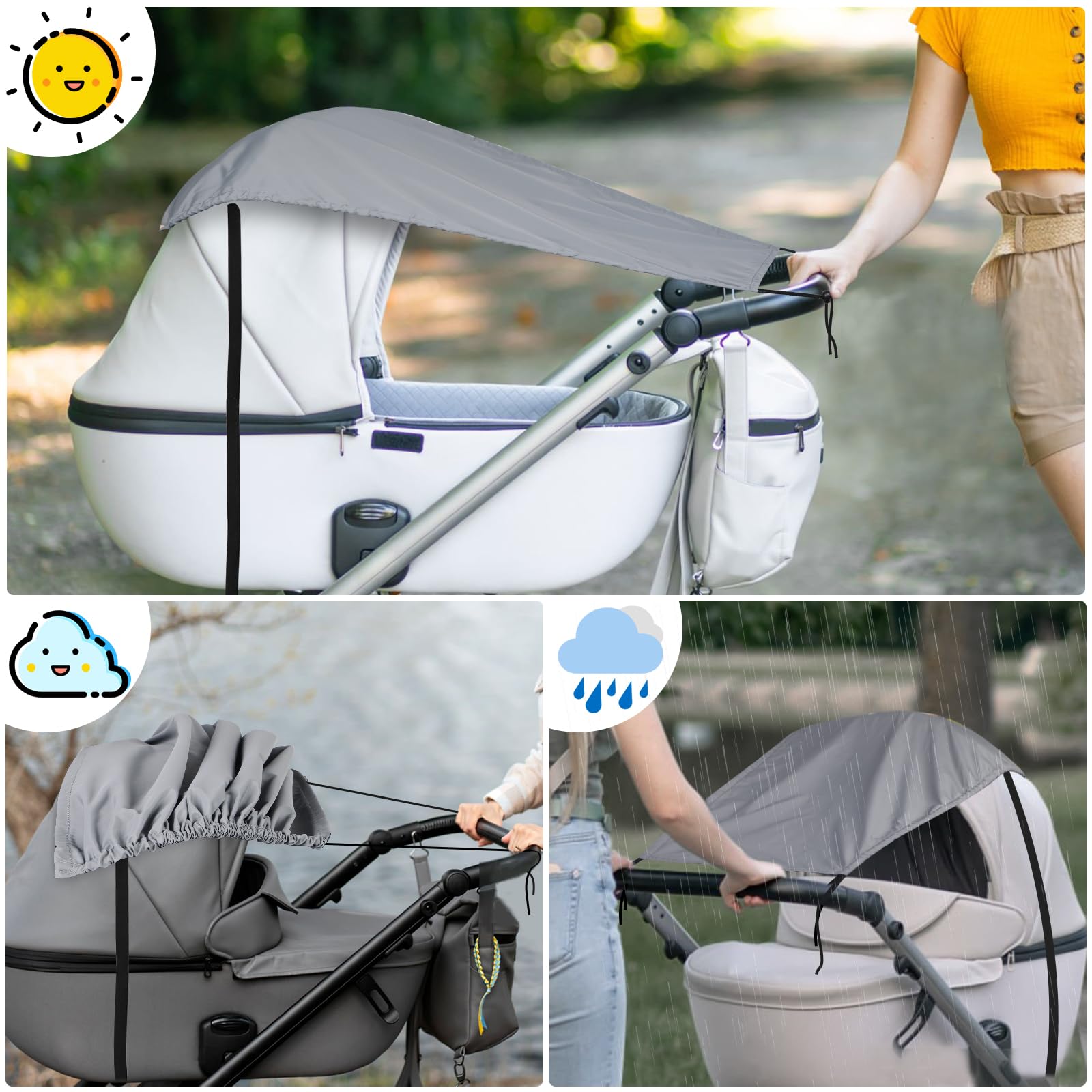 Bighan Pram Sun Shade Sunshade Cover Windproof and Waterproof Buggy Sun Shade for Baby Stroller Grey - Image 4