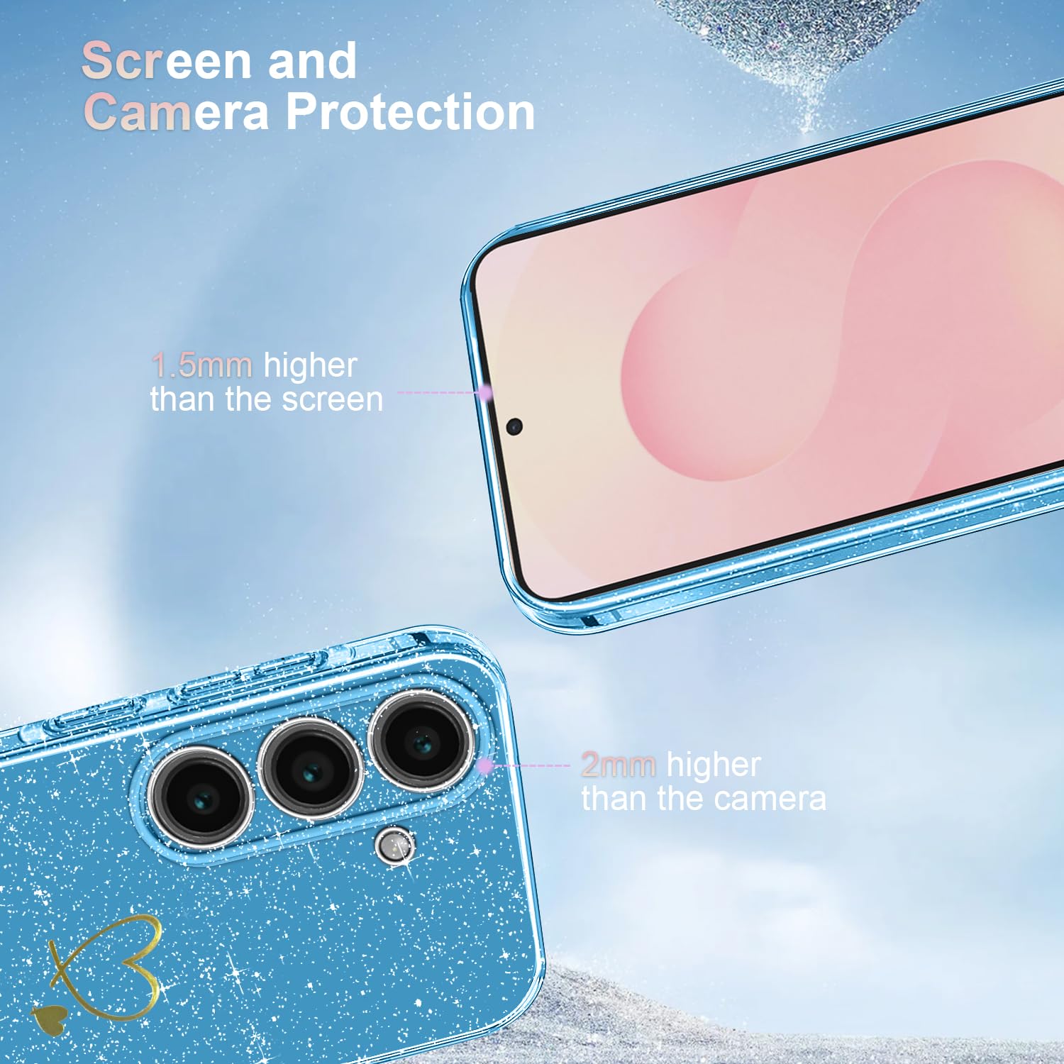 Cover Compatibile con Samsung Galaxy S25 FE 5G ((Non per S25), con 3 Pezzi Vetro Temperato Pellicola Protettiva, Glitter e Antimpronta Custodia, Antigraffio e Morbido Caso - Blu