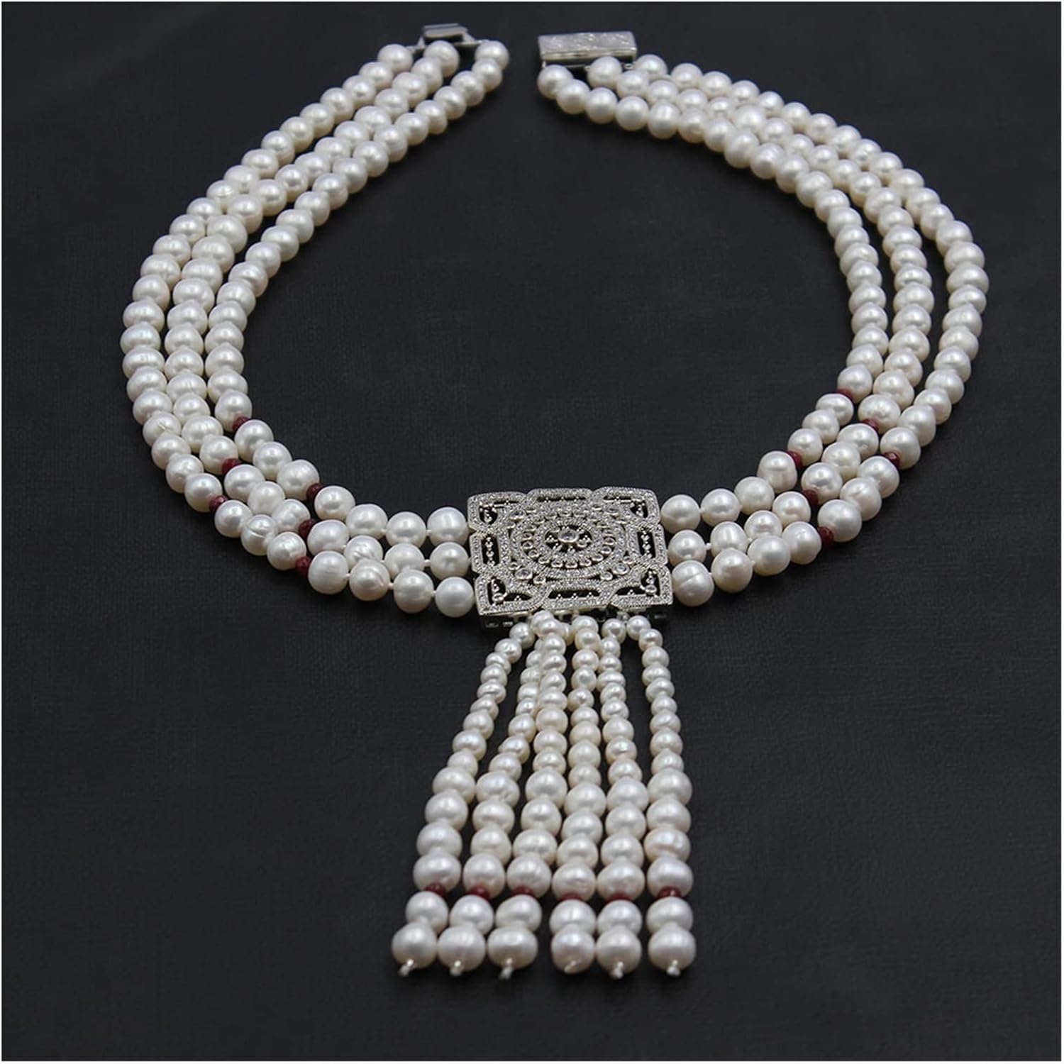 LAnGSHAW 3 Strands Natural Cultured White Pearl Red Jade Necklace Pendant Handmade for Women
