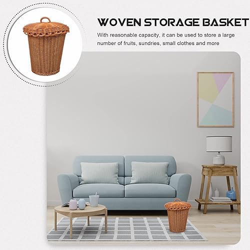 Miniatura 3 de Zerodeko Bote de basura de mimbre de ratán con tapa, cesta de almacenamiento tejida, cesta de basura de mimbre, pequeños botes de basura, cesta de