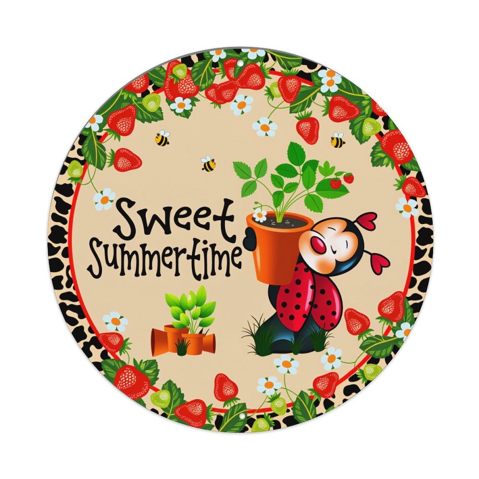 Sweet Summertime Ladybug Strawberry Garden Round Tin Sign Vintage Metal Poster Retro Bar, Home, Man Cave, Kitchen, Laundry Room Wall Art Decor Gift 8x8In