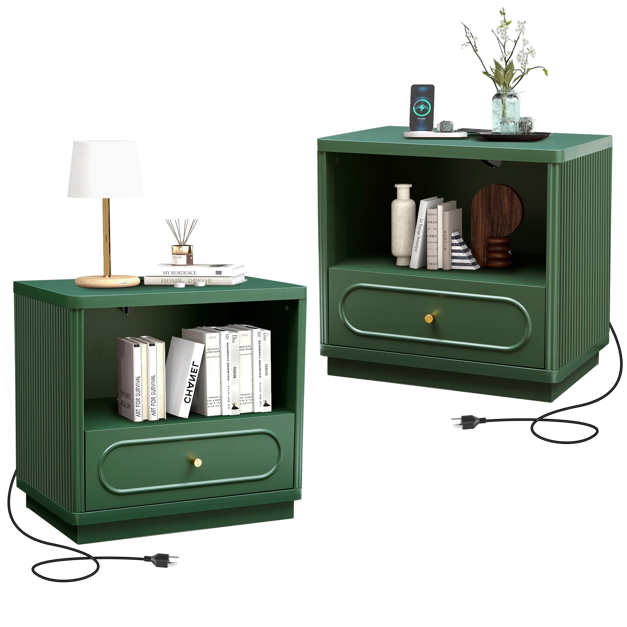 ORRD Fluted Nightstand with Charging Station in Green, positioned next to a bed.