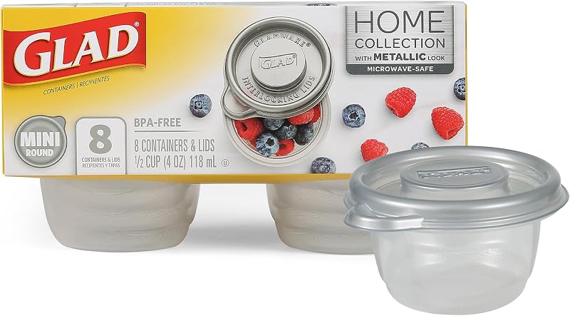 Glad GladWare Home Mini recipientes redondos para almacenamiento de alimentos, recipiente pequeño para comida con capacidad para hasta 4 onzas de alimentos, cierre hermético, 8 unidades