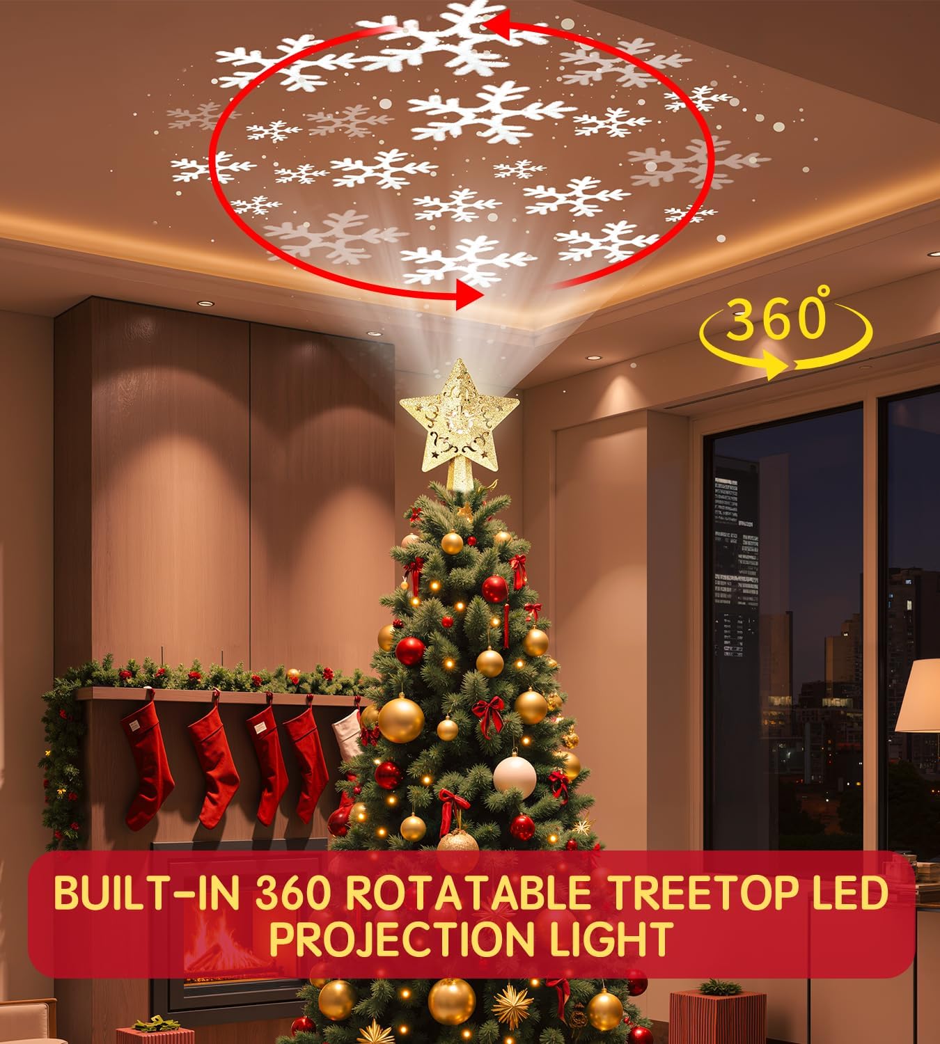 Christmas Tree Star Topper, Built-in Led 360° Rotating Snowflake Projector Pentagram Plug in Christmas Tree Ornament for Indoor Office Xmas New Year Holiday Tree Decor (Golden)