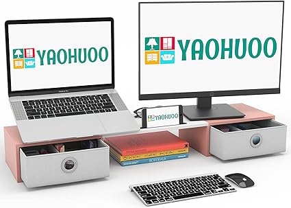 Amazon.com: YAOHUOO Dual Monitor Stand with 2 Drawers, Computer Monitor ...