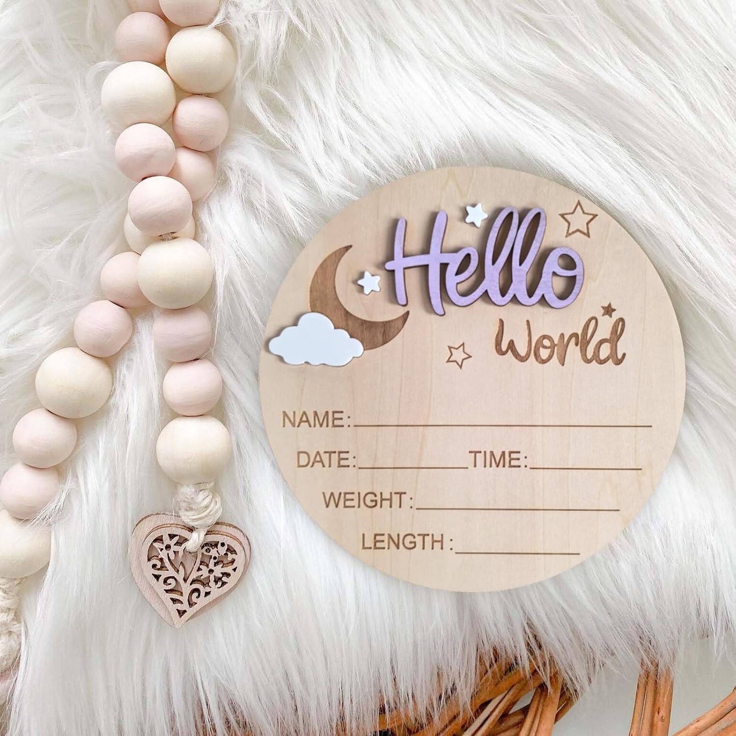 Baby Announcement Sign, 5.9 Inch Wooden Hello World Newborn Signs, Birth Announcement Sign and Pen, Moon and White Cloud Decoration, Welcome Newborn Arrival to World (Creamy Taro Purple)