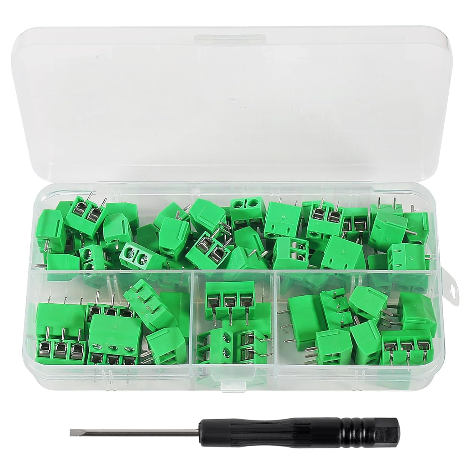 60pcs 2 Pin & 3 Pin 5mm/0.2inch Pitch PCB Mount Screw Terminal Block Connector (Can be Spliced) with Special Screwdriver for Arduino and Home Electronics Projects-Green