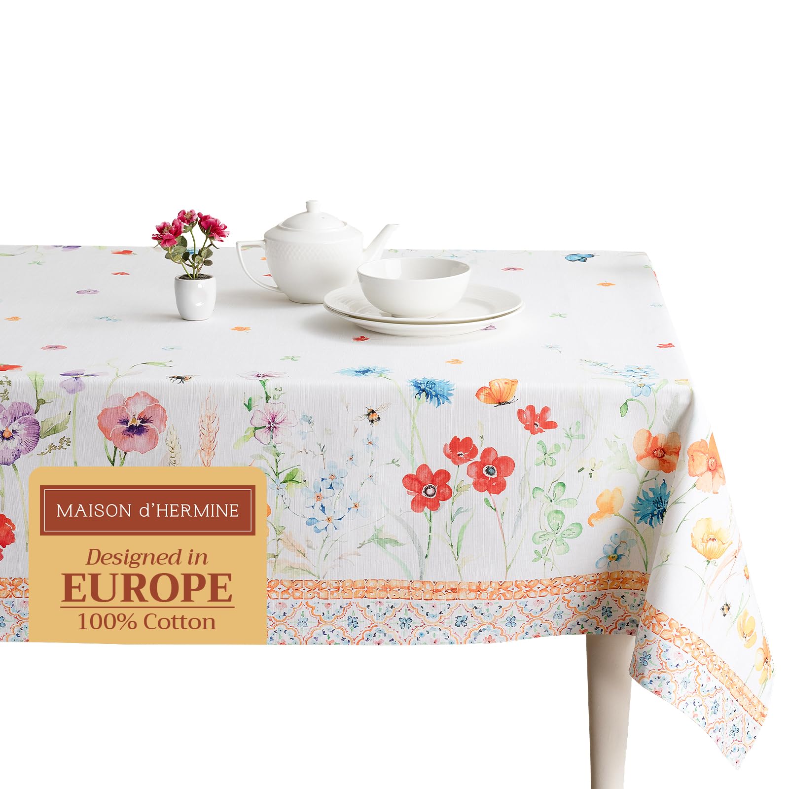 Maison d' Hermine Table Cloth Rectangle Table 100% Cotton 180 cm x 140 cm Tablecloth Reusable Everyday Use for Dining Farmhouse Home Party Festive Gifts for Mothers Day (Summer Whisper)