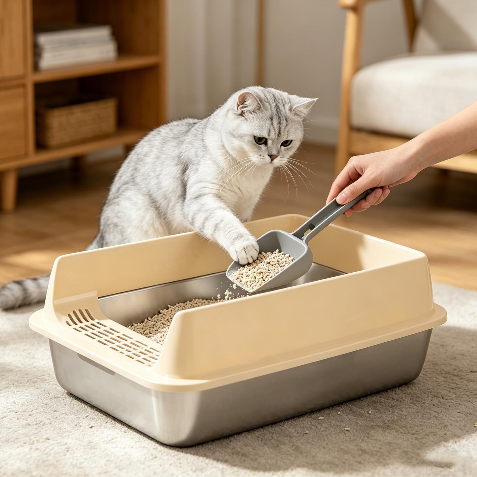 Bac Litière INOX XXL, Grande Litière pour Chat Bord Haut 30cm Anti-Projection, Toilette Chat Métal Ouverte avec Pelle et Pédale, Facile à Nettoyer, Kaki (60x40x30cm)
