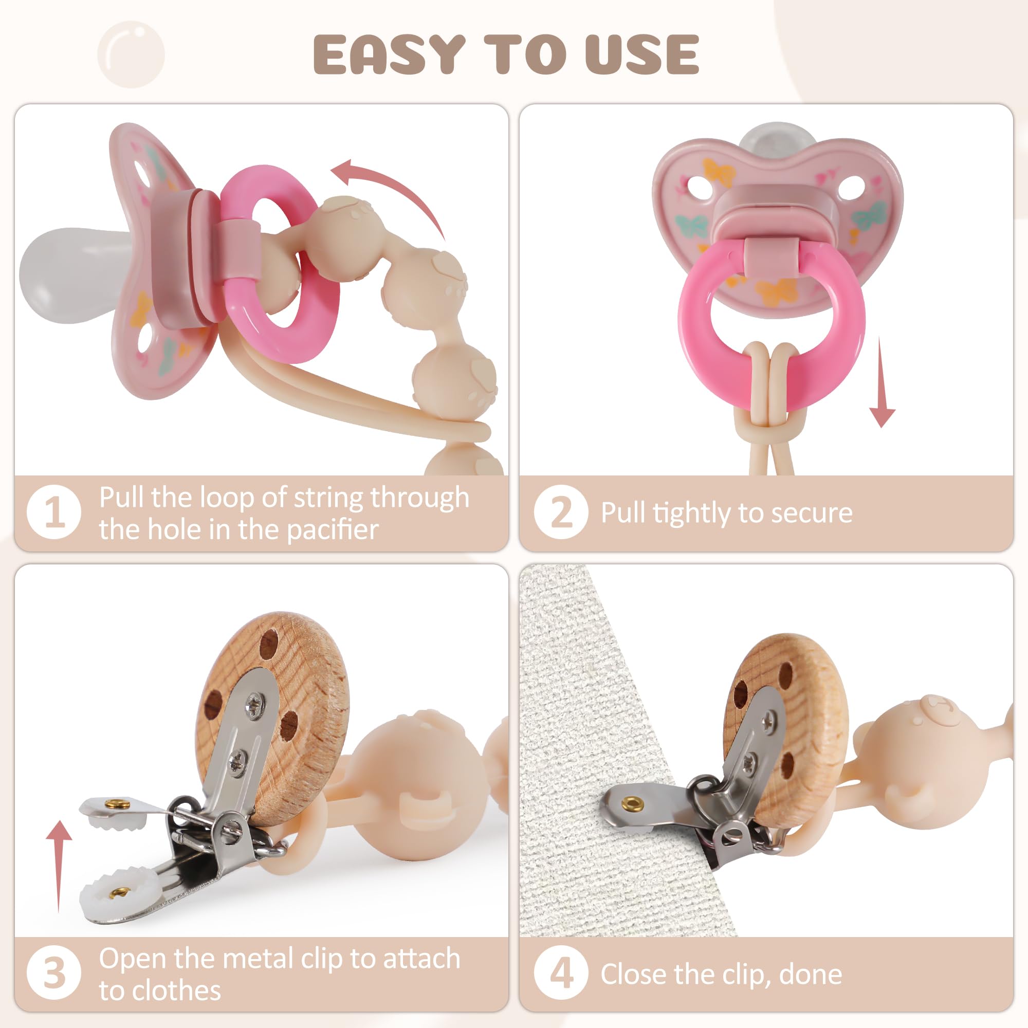 Set da 3 Catenella Portaciuccio in Silicone, Design Monoblocco Catenella Ciuccio per Bambine e Bambini, Portaciuccio Senza BPA, Elastiche e Robustezza (Crema Marrone Grigio)