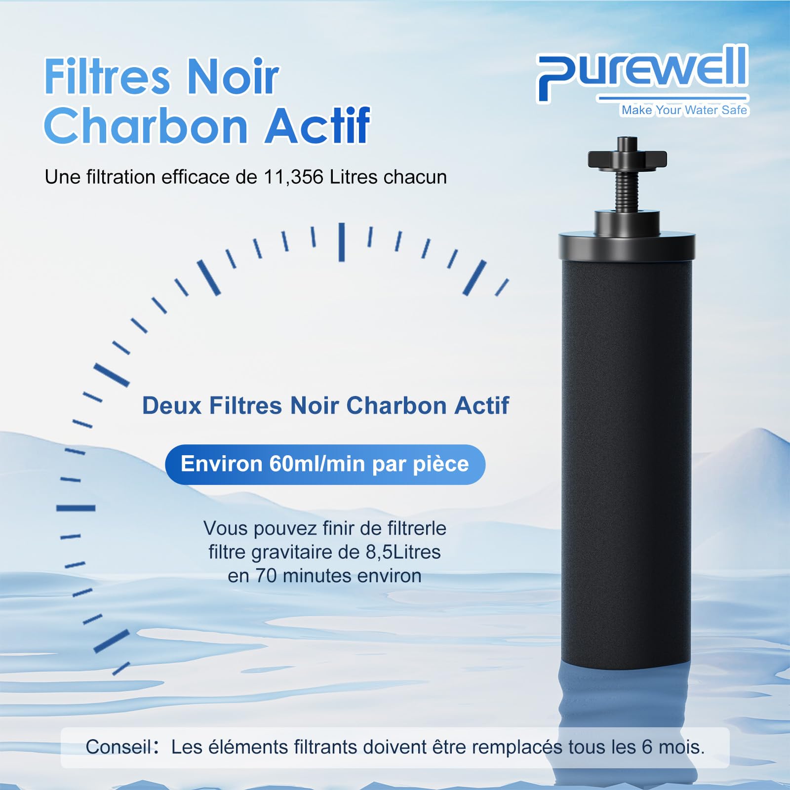 Purewell BB8 Éléments de Purification de Rechange noirs - 2 Filtres de Rechange pour Purificateurs d'eau, Compatibles avec les Système d'ultrafiltration par Gravité