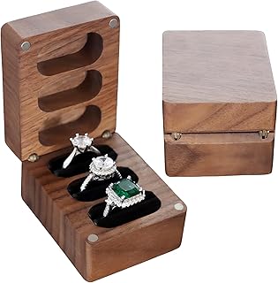 RUOMOODDZ Walnut Wood Ring Box 3 Slots,Three slots Ring Case for Wedding Ceremony Proposal Engagement Birthday,Black Velvet Inside Solid 3 Ring Holder Rectangle